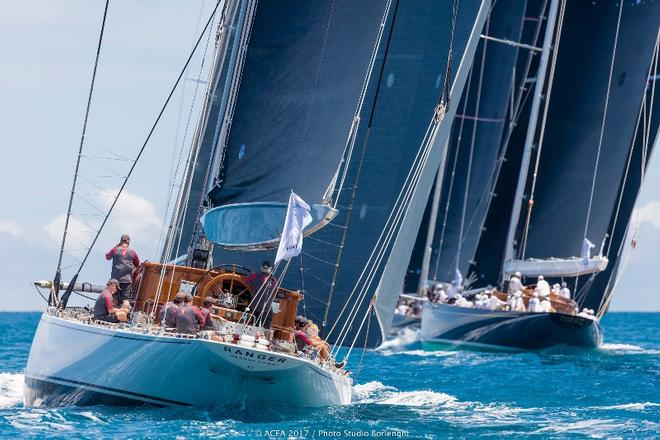 Ranger, a replica of the original “Super J” that successfully defended the cup from Endeavor II, chases the 1935 design, J Class Topaz, launched in 2015. - Kohler Cup ©  ACEA 2017 / Photo Studio Borlenghi